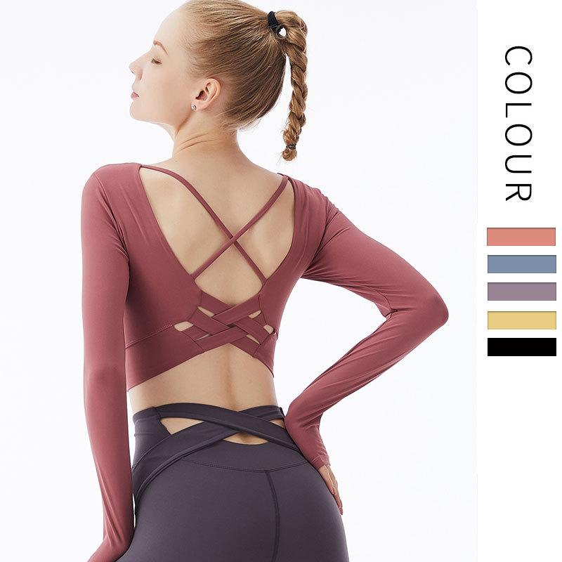 

OEM Sport Top Fitness Crop Top Women Long Sleeve Yoga Shirt Sportswear Back Cross Gym Running Paded Workout Sports Bra
