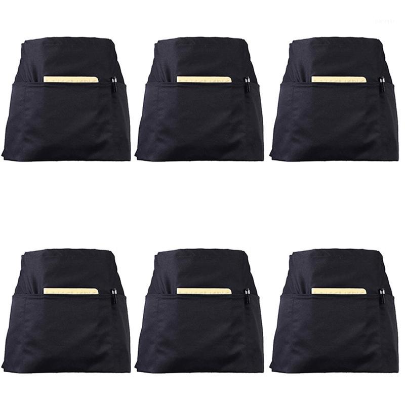 

6 Pack Black Waist Aprons with 3 Pockets - Half Aprons for Waitress Waiter 24 x 12 Inch Server for Holding Server Book Gu1
