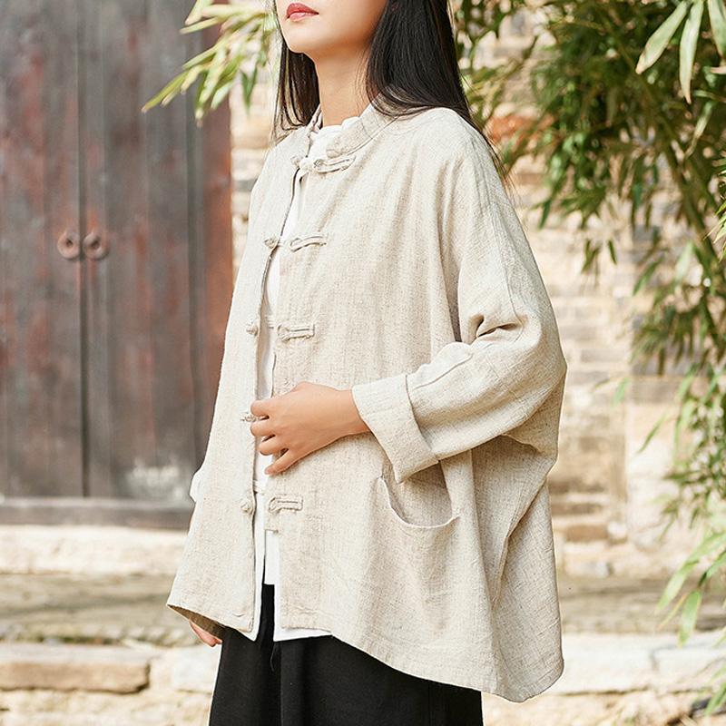 

Johnature Cotton Linen Women Shirts Stand Long Sleeve Pockets Blouses 2020 Spring New Button Solid Color Loose Women Shirts Tops, Beige