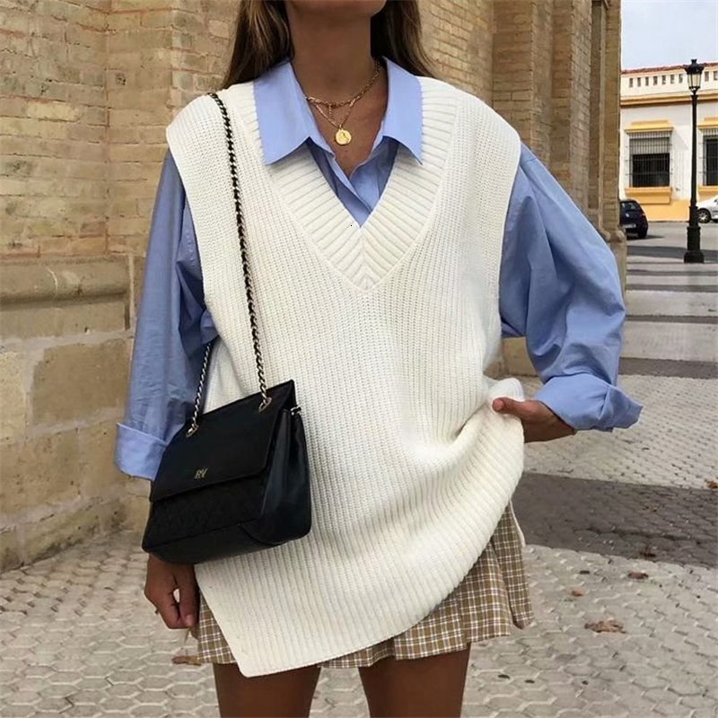 

2021 New Moda Feminina V-neck Tanques Senhoras Elegantes Solto Streetwear Feminino Causal Longo Topos Menina Chique Camisola Rek8, White