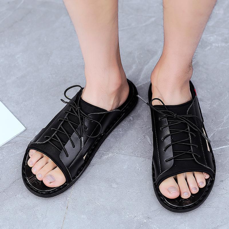 

new summer men's sandals soft leather Slippers breathable non-slip beach shoes men's slippers Zapatos Hombre shoes1, Black