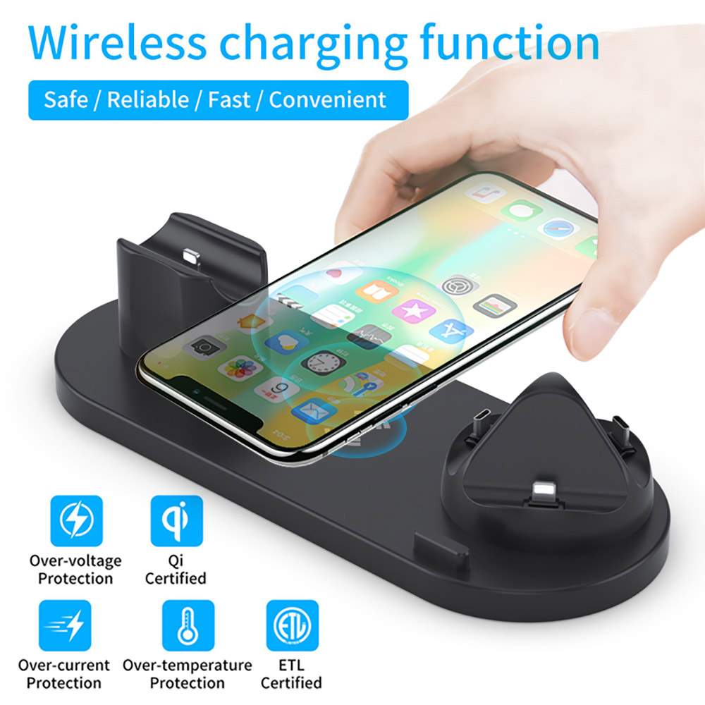 

6 in 1 Wireless Charger Dock Station for iPhone/Android/Type-C USB Phones 10W Qi Fast Charging For Apple Watch AirPods Pro