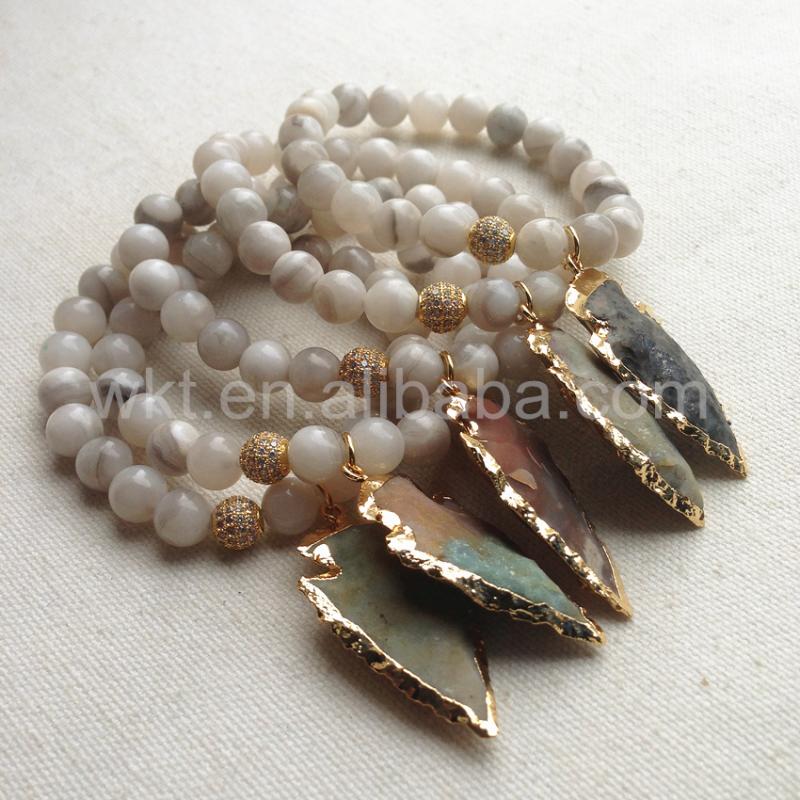 

WT-B257 Fashion Gold 8mm Beads Bracelet Wholesale Natural Grey Stone with gold Arrowhead Stone 8mm beads Bracelets Jewelry Gift