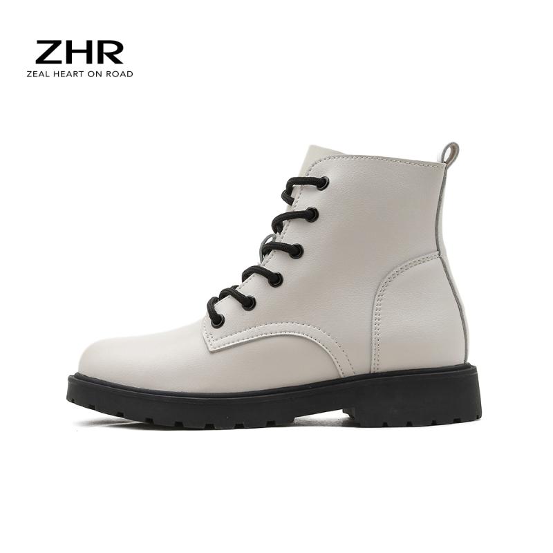 

2021 Autumn Genuine Cowhide Leather Boots Female Ankle Women Shoes 6 eye British Wind Thick Short Boots Motorcycle White, Beige