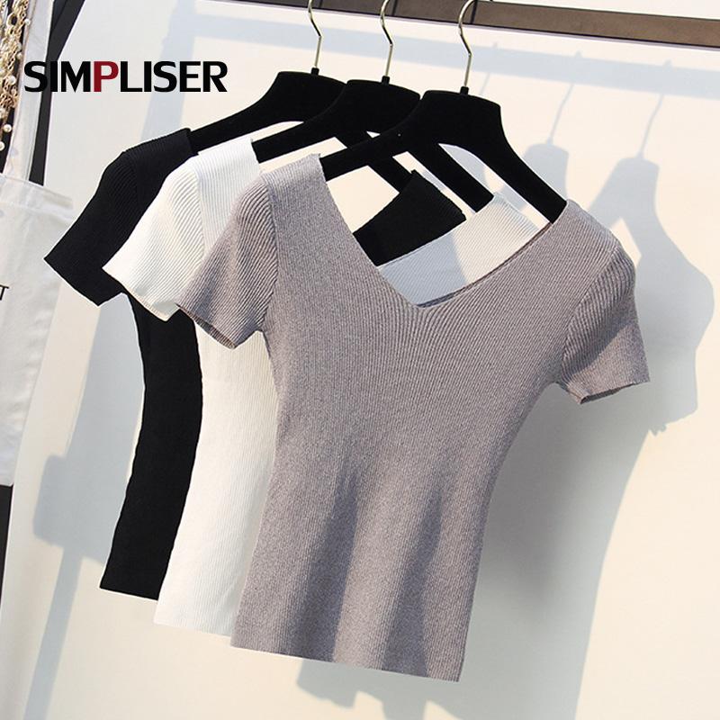 

Thin Pullovers Women 2020 Summer Knitted Tees V-neck Short Sleeve Female Knitting shirts Ladies Stretch Tops White black blue