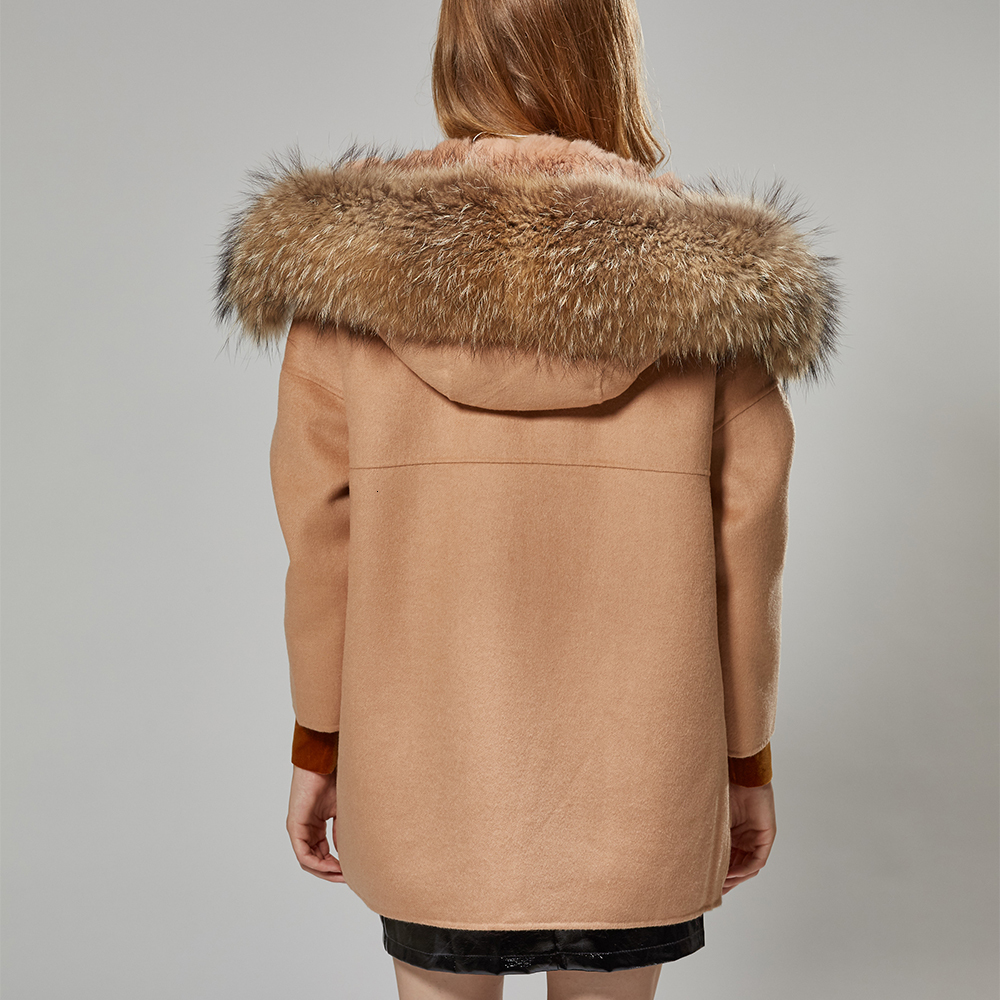 

2021 New Womens Sides Pure Cashmere Jacket Royal Fur Coat Collar Hoodie Rex Rabbit Wool Parka W6NQ, 12