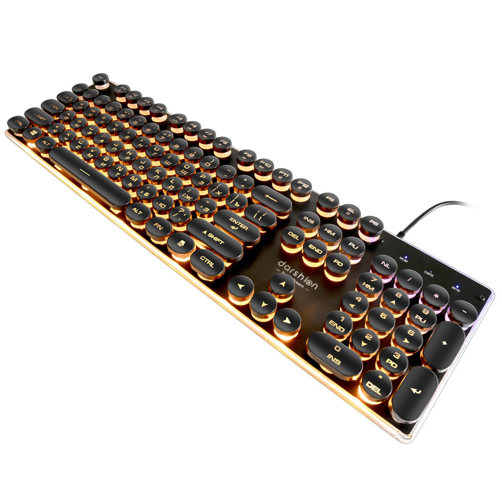 

Steampunk Retro Gaming Keyboard Russian/English Layout Round Keycap Backlit USB Wired Glowing Metal Panel Crystal Border LJ200925