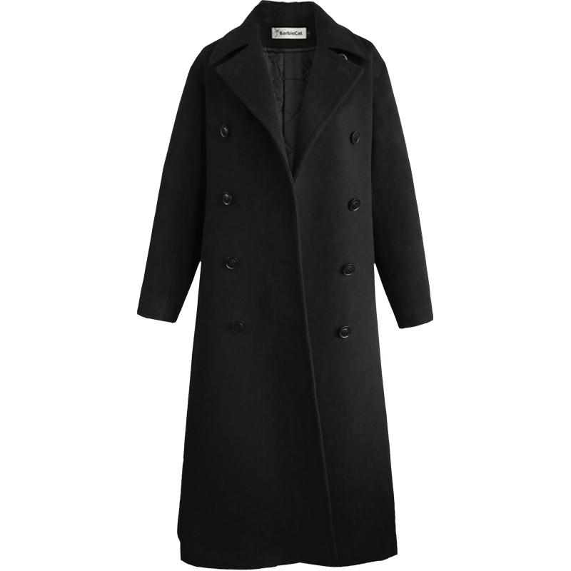 

black Women Woolen Coat Winter Solid Slim Fit Double Breasted Turn-down Collar Wool Blends coat