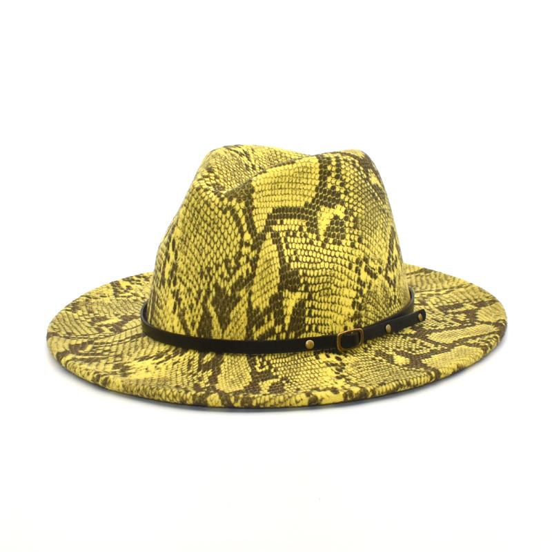 

Wide Brim Hats Women's Flat Wool Felt Jazz Fedora Hat Men's Snake Print Leather Band Decoration Trilby Panama F98, Dark grey
