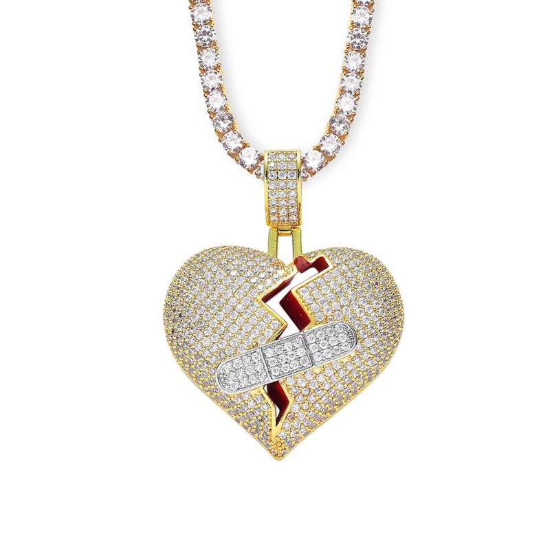 

Trendy Hip Hop Jewelry Band-aid Broken Heart Love Pendant Men Micro Pave Zircon Stone Necklace with OK Patch love Pendant Bijoux