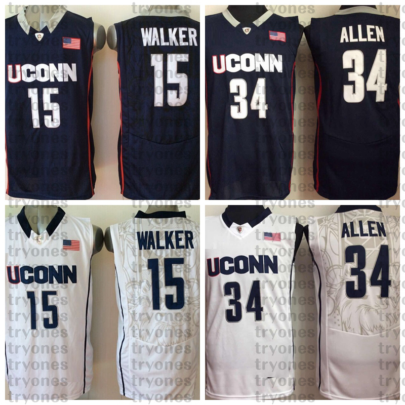 

Vintage Mens Uconn Huskies 15 Kemba Walker 34 Ray Allen College Basketball Jersey Blue Stitched Shirts, White