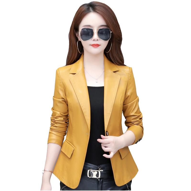 

Spring 2020 new leather women's short suit locomotive Korean slim slimming small suit plus size leather jackets women overcoat, Yellow