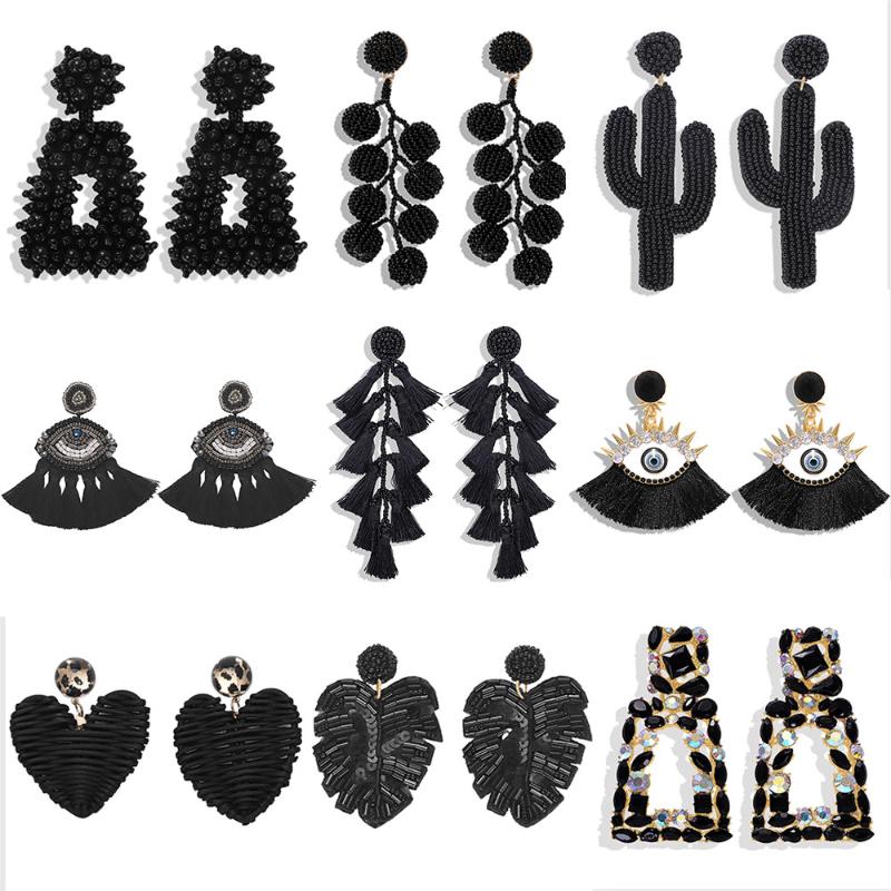 

Best lady Black Beaded Pendant Drop Earrings for Women Boho Handmade Black Fringed Tassel Dangle Statement Earrings Party Gift