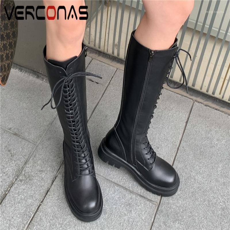 

VERCONAS High Quality Genuine Leather Knee-High Boots For Women Cross-Tied Platforms Shoes Woman Autumn Winter Zipper Long Boots1, Blackd