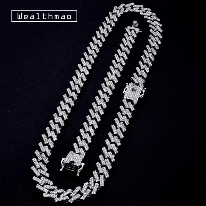 

15mm Cuban Chain Fashion Iced Out Prong Gold Silver Color Link Chains Necklaces Crystal Rhinestones Hip Hop Mens Necklace
