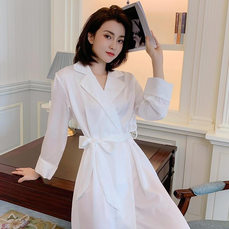 

Kimono Bathrobe Gown Intimate Lingerie Sexy Satin White Sleepwear Robe Long Sleeve Autumn Nightwear With Pocket Casual Nightwear