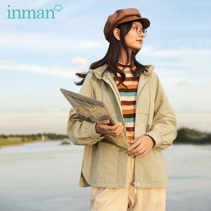 

INMAN 2020 Autumn Winter New Arrival Safari Style Coat Hong Kong style Retro Loose Hooded Cotton Long Sleeve Trench Coat, Brown