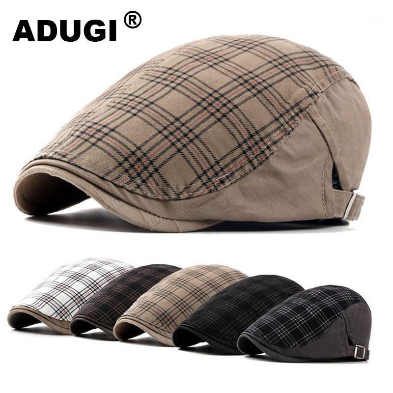 

ADUGI washed cotton hat men and women spring and summer casual hat forward British plaid beret large size thin tide1, Black