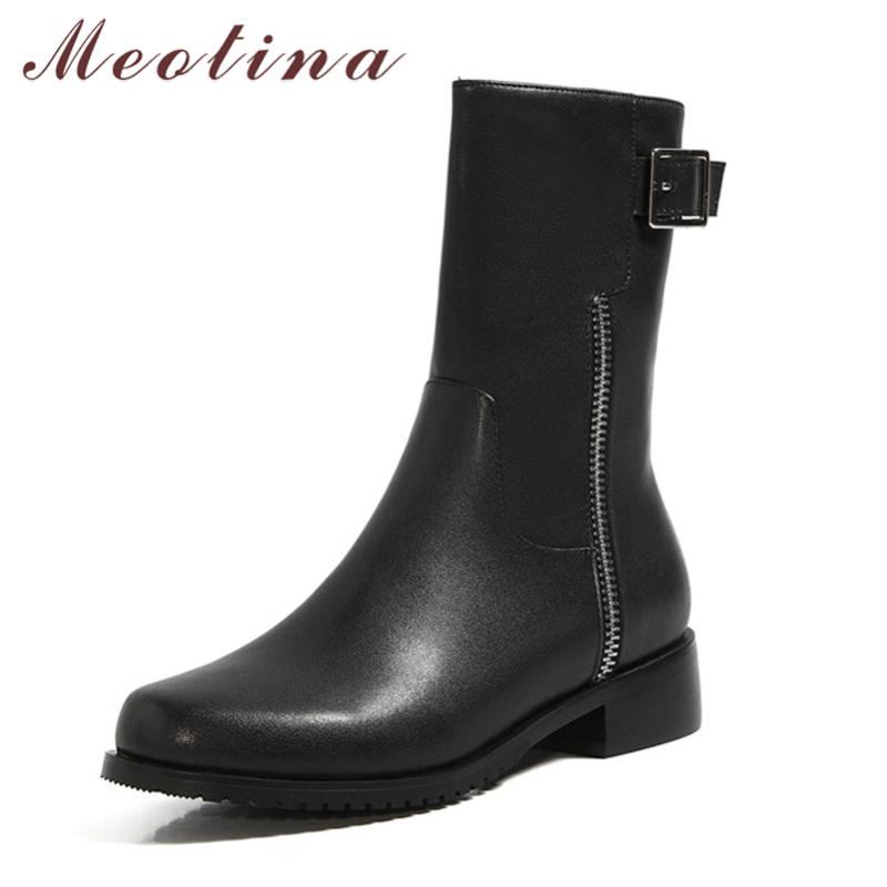 

Meotina Ankle Boots Women Shoes Genuine Leather Mid Heel Short Boots Zip Buckle Chunky Heels Ladies Autumn Winter Black 40, Black synthetic lin