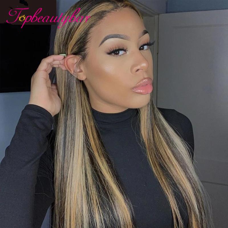 

Ombre Human Hair For Women Straight Colored Black And Brown Highlight 180 Density Bleached Knots Honey Blonde Lace Front Wigs, As pic