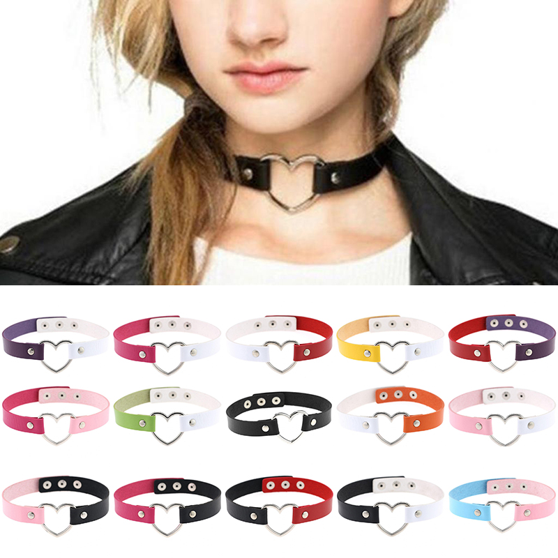 

Fashion Women Men Cool Punk Goth Rivet Heart-Shape Leather Collar Choker Necklace Jewelry Accessories 18 colors