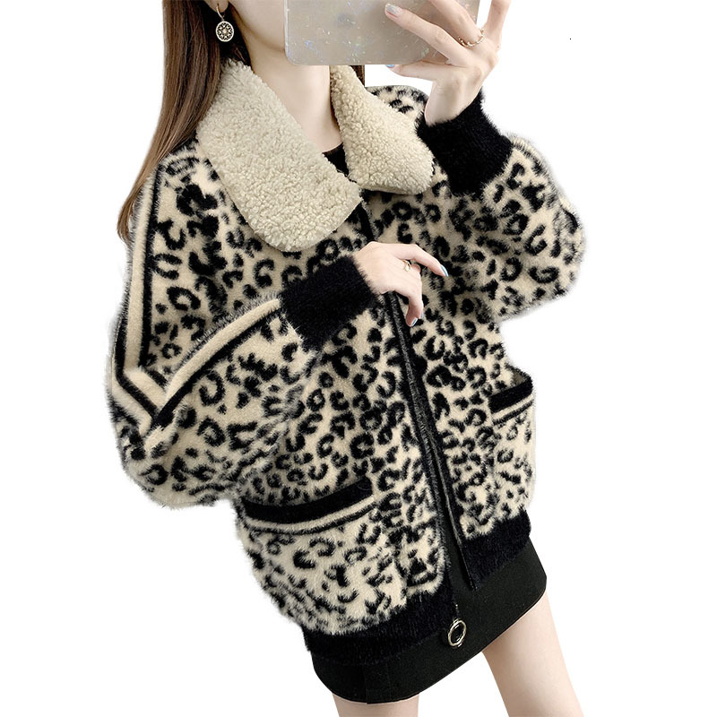 

Plus Size Female Wool Coat Elegant Korean Winter Lmitation Vison Velvet Women's Jacket Short All-match Leopard Tops R80 Vcq4, Apricot.