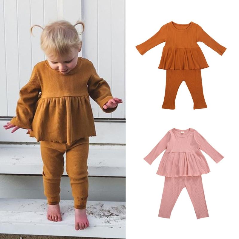 

Toddler Baby Girls Boys Clothes Newborn Knitted 2pcs Sleepwear Ruffles Top Sweater+Pants Trouser Kids Infant Breathable Outfits, Khaki pajamas
