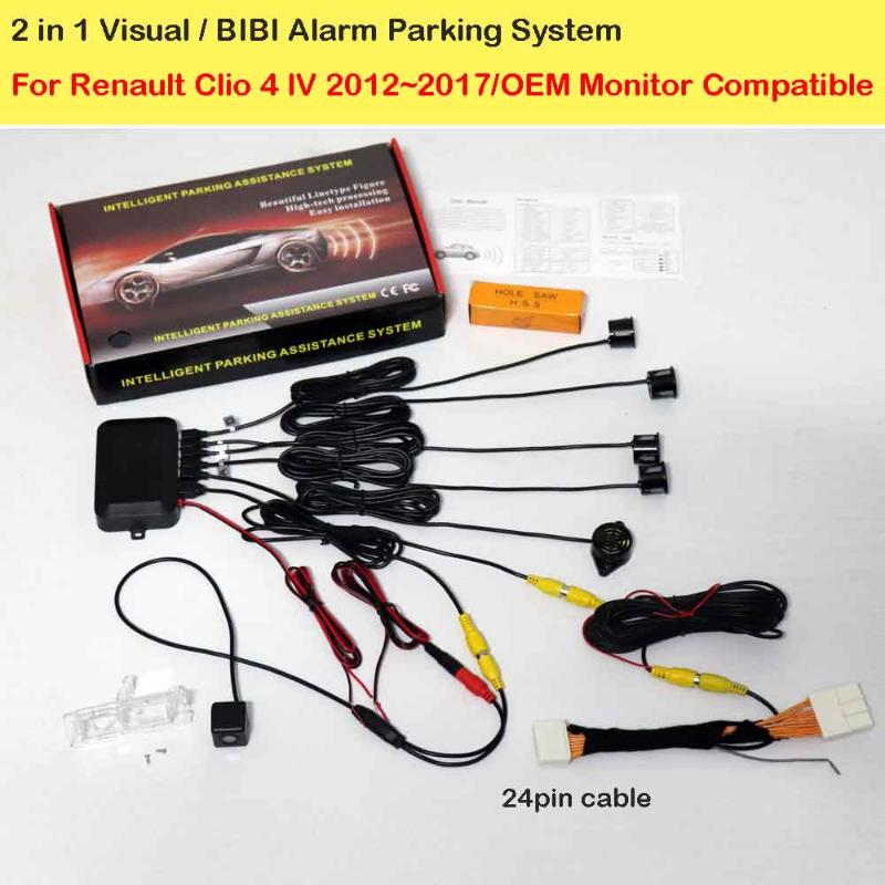 

2 in 1 Visual / BIBI Alarm Parking System With 24Pin Adapter Cable For Clio 4 IV 2012~2020 / OEM Monitor Compatible car