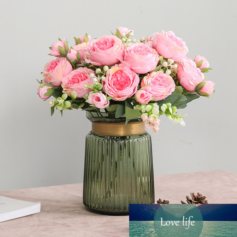 

Rose Pink Silk Peony Artificial Flowers Bouquet 5 Big Head and 4 Bud Cheap Fake Flowers for Home Wedding Decoration Indoor, Rose red
