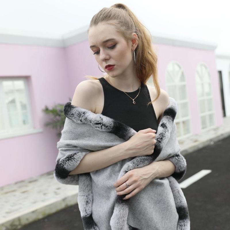

Cashmere Shawl With Fur Trim Fluffy Fur Women Luxury Winter Cape Fashion Lady Warm Scarf New