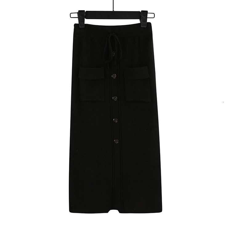 

2021 New Women Elastic Waist Drawstring Knitted Medium Long Skirts Autumn Winter Midi Tutu Skirt with Pocket & Button Jus8, Black