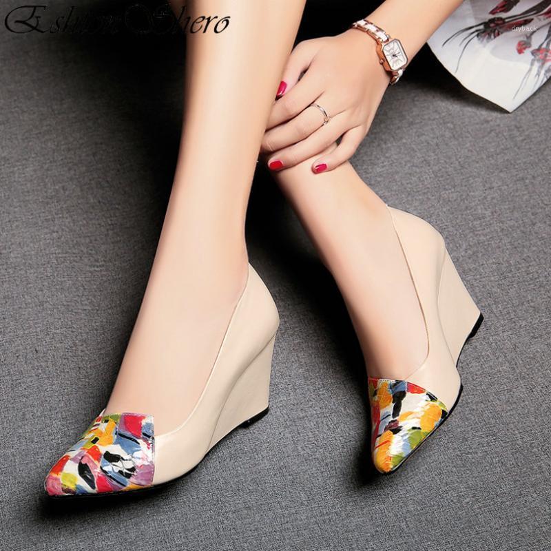 

EshtonShero Spring Women's Shoes Woman Pumps Cow Leather+PU Wedge Heels Platform Camouflage Ladies Wedding Shoes Size 3-91, Beige 7.5cm