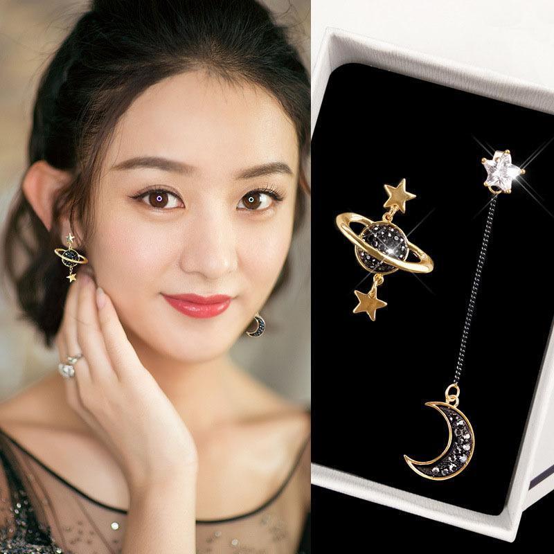 

Gold plated Dangle Earring women Prevent Allergy star and moon black crystal earring Korean long fashion jewelry1