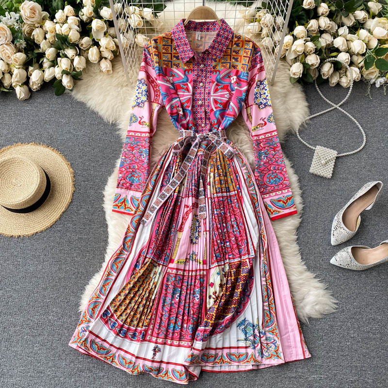 

2021 New Singiny vintage spring female holiday long tracks line impression dress plissado QSWN, Pink