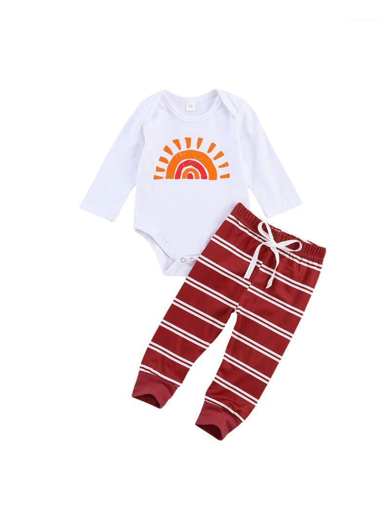 

Newborn Baby Girl Boy Outfit, Long Sleeve Sun Printed Romper Drawstring Color Matching Stripe Pants, 2PCS Autumn Clothes Sets1, As pic
