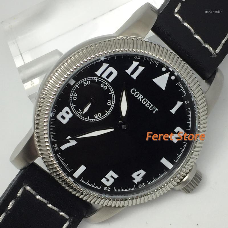 

CORGEUT 46mm Leather mens watch silver case black dial luminous asia 6497 hand winding movement classic luxury mens wristwatch1