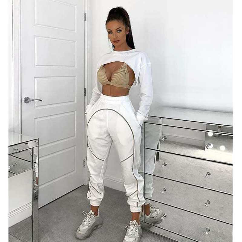 

Female European and American super sexy open chest open back long sleeve 2-piece suit yoga exercise suit running fitness, White