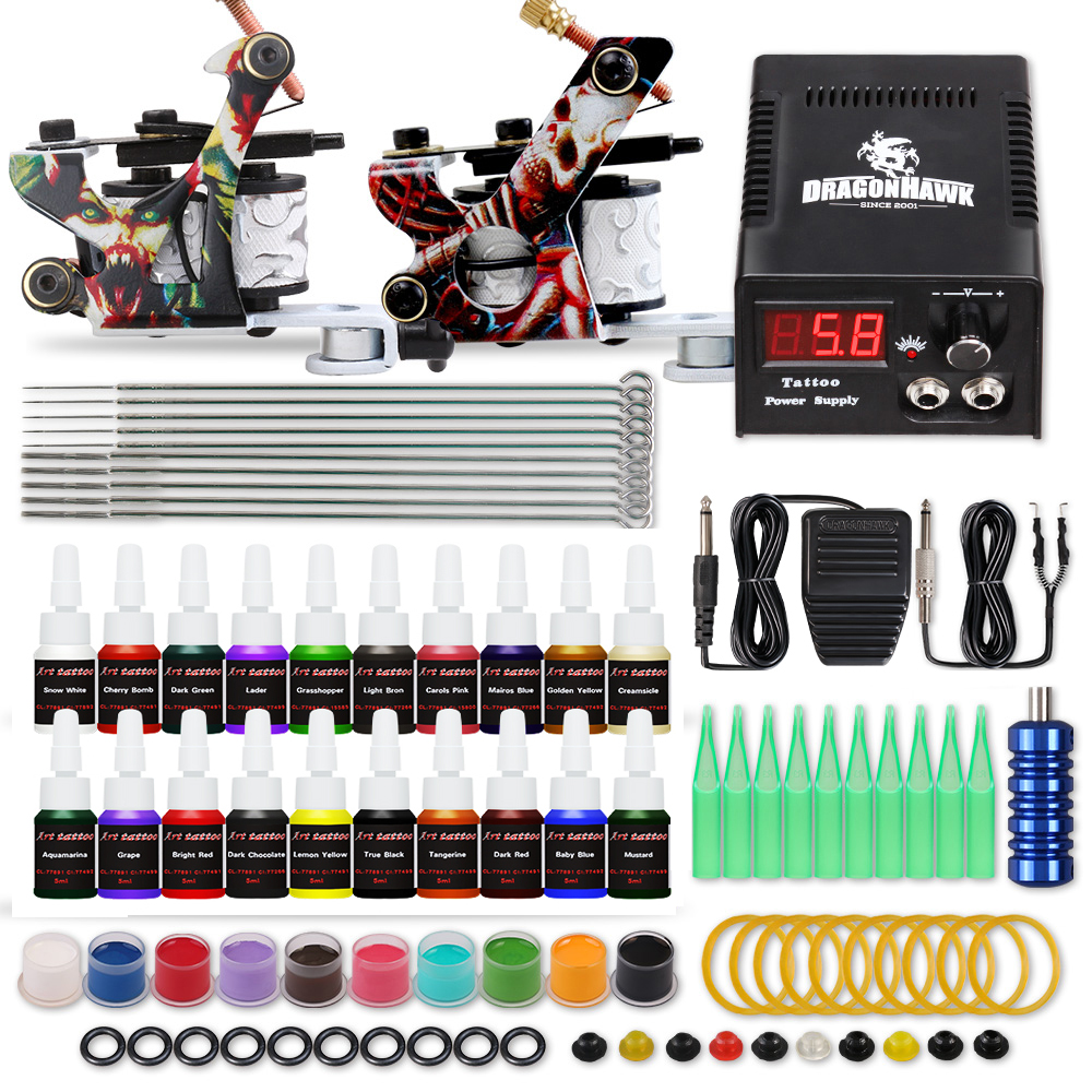 

Beginner Tattoo Kit 2 Guns LCD Power Supply Disposable Needles Tips D175GD-15