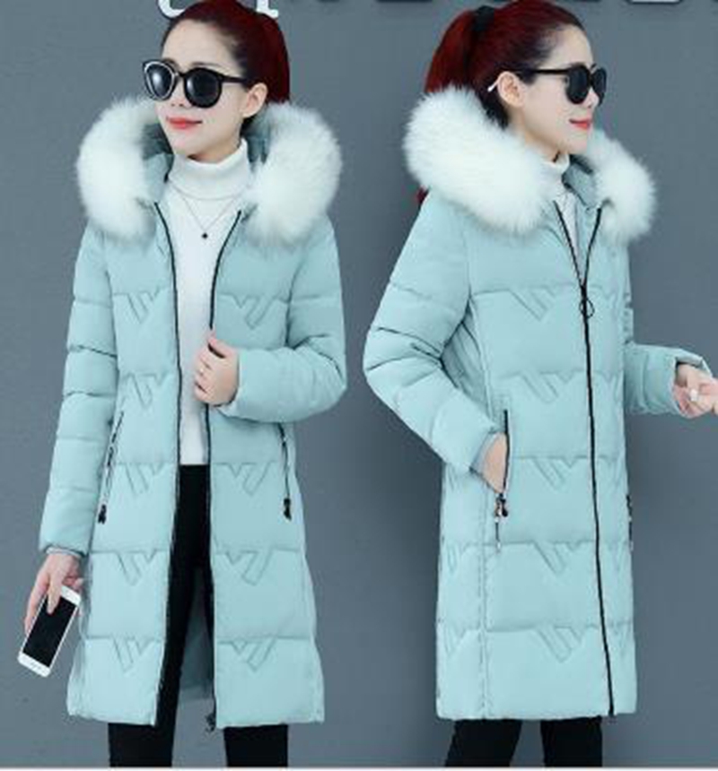 

Wholesale winter women's large fur collar new style over the knee mid-length warm slim cotton coat, Light blue