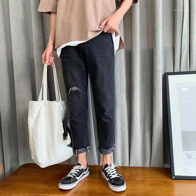 

Wholesale 2020 Hong Kong style spring autumn men' Distressed hole ripped jeans loose straight wild wide leg harem pants1, Black