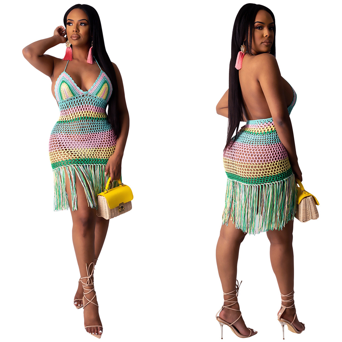 

Beach dress European and American hot style sexy handmade crochet hollow tassel skirt dress, Rainbow