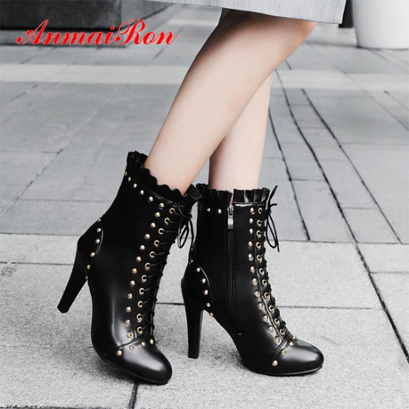 

ANMAIRON Thin Heels Mid-Calf Motorcycle Boots Round Toe PU Fleeces Winter Boots Women Rivet Zip Womens Shoes Solid Super High, Black