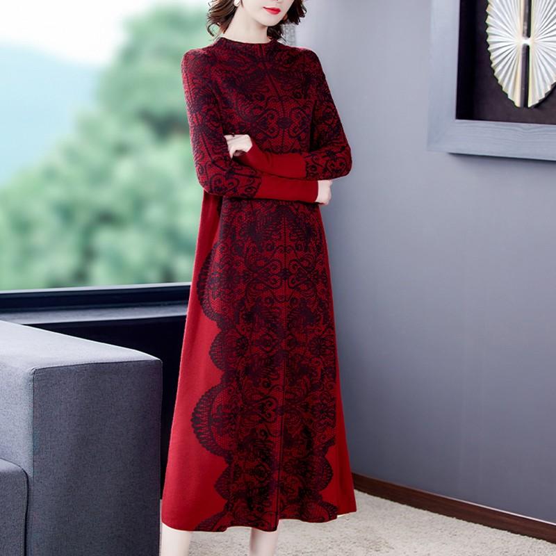 

New One Piece Autumn Winter Vintage Elegant Loose Red Print Knited Sweater Dresses Women Bodycon Turtleneck Long Wool Sweater, Burgundy