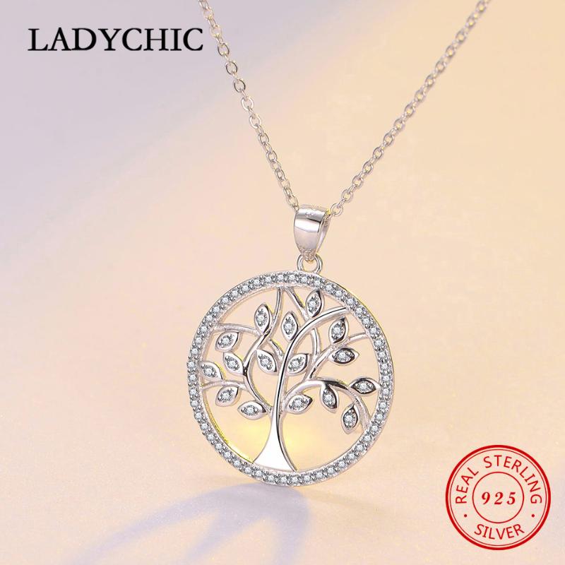 

LADYCHIC Classic 925 Sterling Silver Tree of Life Round Pendant for Women Mom Clear CZ Statement Necklace Fine Jewelry LNS1041