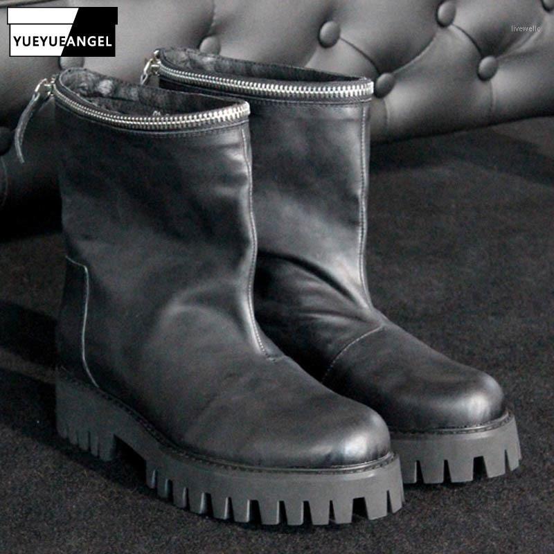 

Winter Fake Zipper Thick Bottom Black Boots Men Russian Style Round Toe Slip On Botas Top Genuine Leather Cowboy Boots Plus Size1