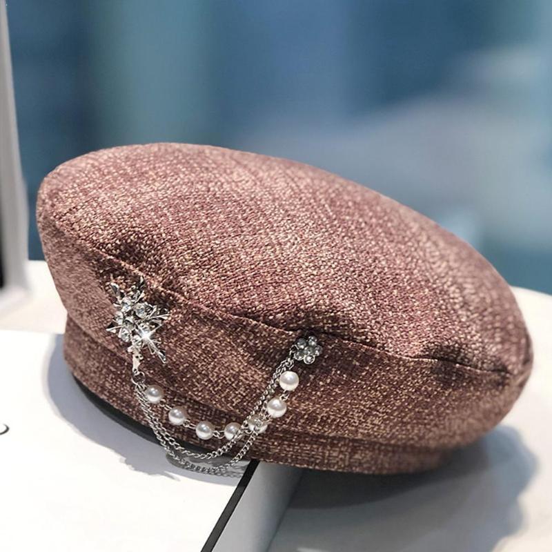 

French Designer Baret Cap with Pearls Luxury Diamond For Women Decoration Painter Hat Hats Plaid Octagonal Embellishment Be L5L0