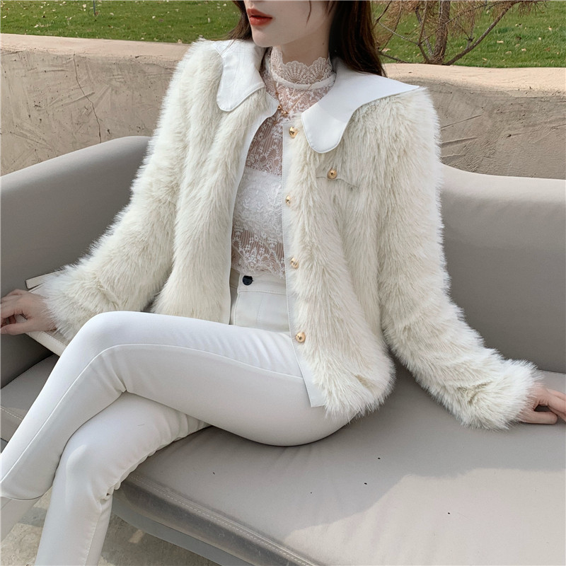 

2021 Autumn Women's Clothes Hairy New Korean Loose with Sleeve Long Sleeves Stylish Fur Petals Cute Collar Coat 3K0K, White