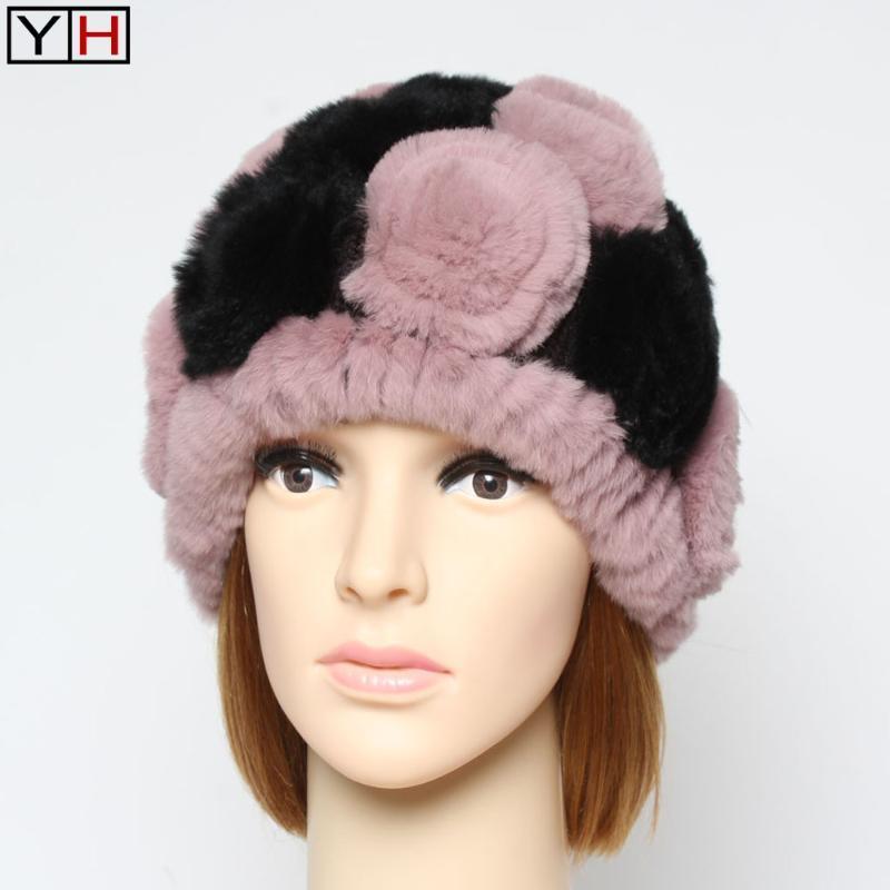 

New Russian Lady Floral Genuine Rex Fur Hat Winter Women Warm Natural Real Rex Fur Hats Brand Fashion Caps1, Color 4
