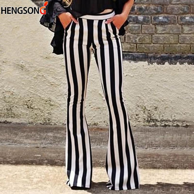 

New Women Pant Fashion Striped Flared Pant Casual Pocket Slim Fit Mid Waist Black White Stripes Pants Trousers pantalon femme, Stripe