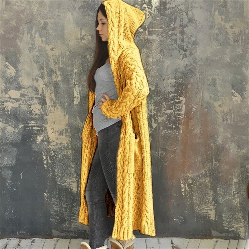 

Women Cardigan Solid Long Hooded Jacket Women Sweater Autumn Winter Female Coat Casual Knitted Long Sweaters 201127, Blue